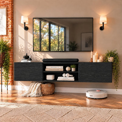 Meuble télé mural suspendu Desmone 71 po (180 cm) pour téléviseurs jusqu'à 80 po (203 cm), avec rangement, fini bois blanc.