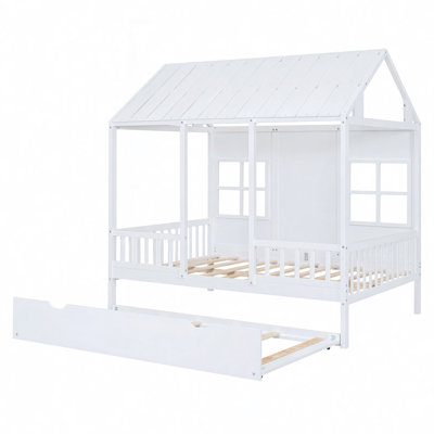 Wood House Bed With Trundle, Wooden Daybed