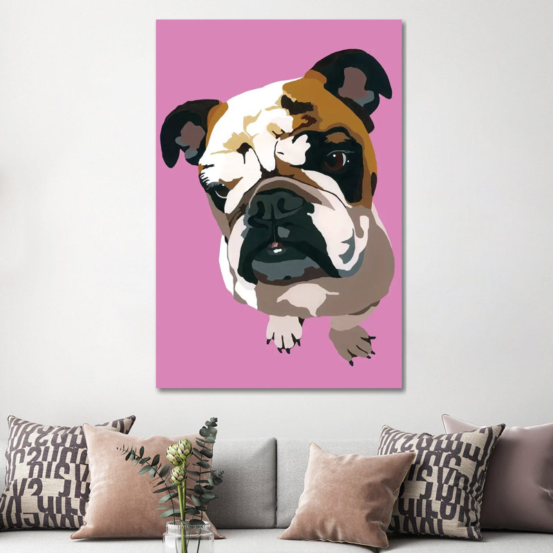Bulldog On Pink by Julie Ahmad - Wrapped Canvas Print, 152.5 cm H x 101.5 cm W