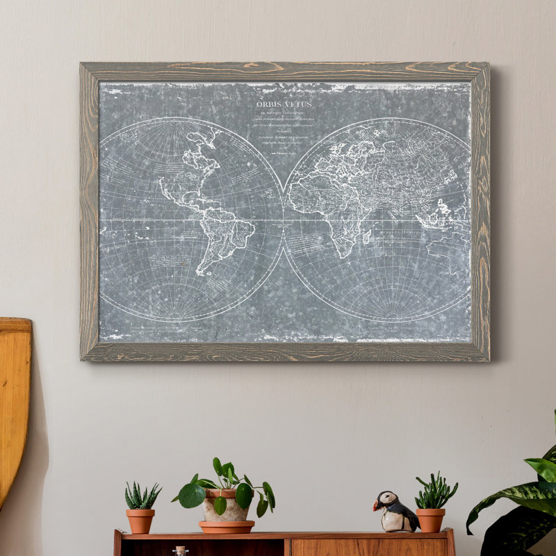 Carte du monde galvanisée, reproduction d'art graphique sur toile, H 31 po x l 44 po x P 1 po, Encadré gris
