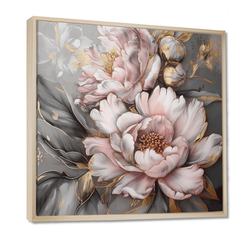 Rose et gris pivoines élégantes I - pivoines, art mural encadré, H 30 po x l 30 po, Cadre flottant érable