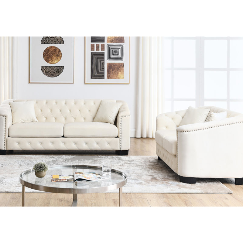 Velours beige 3 + 2 avec garniture cloutée attrayante - 3 places 2