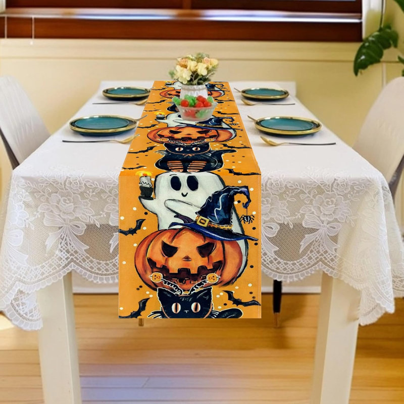 Halloween Table Runner 33 x 183cm, Painting Ghost Pumpkins Boo Table Runner, Halloween Table Decoration for Home Holiday Kitchen Dining Party Decor