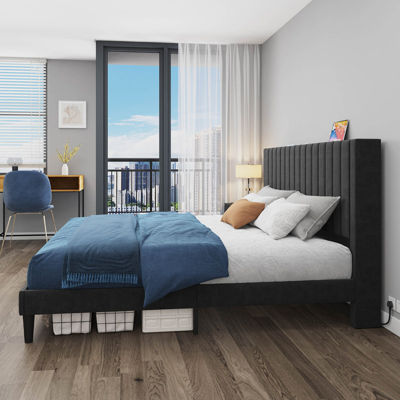 Alti 44.8'' Velvet Upholstered Tufted Bed Frame with Charging Station, Black, King