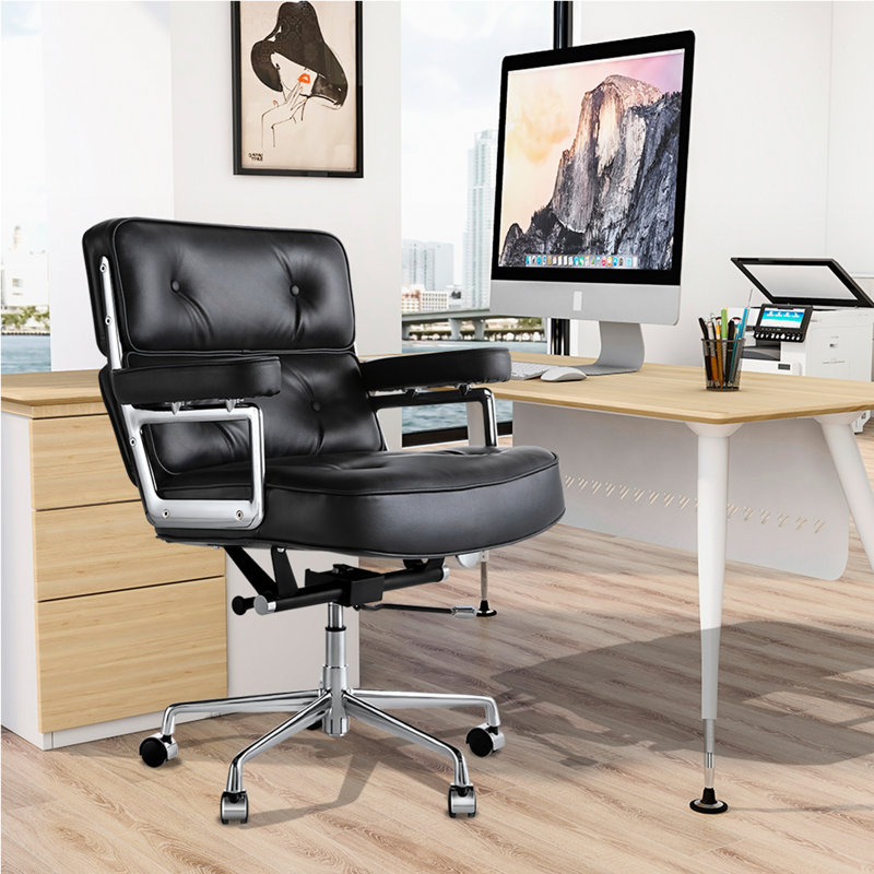 Chaise de bureau en cuir véritable Jonathyn, Noir