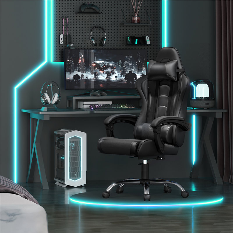 Fauteuil de jeu à haut dossier avec coussin lombaire à massage, Tout noir