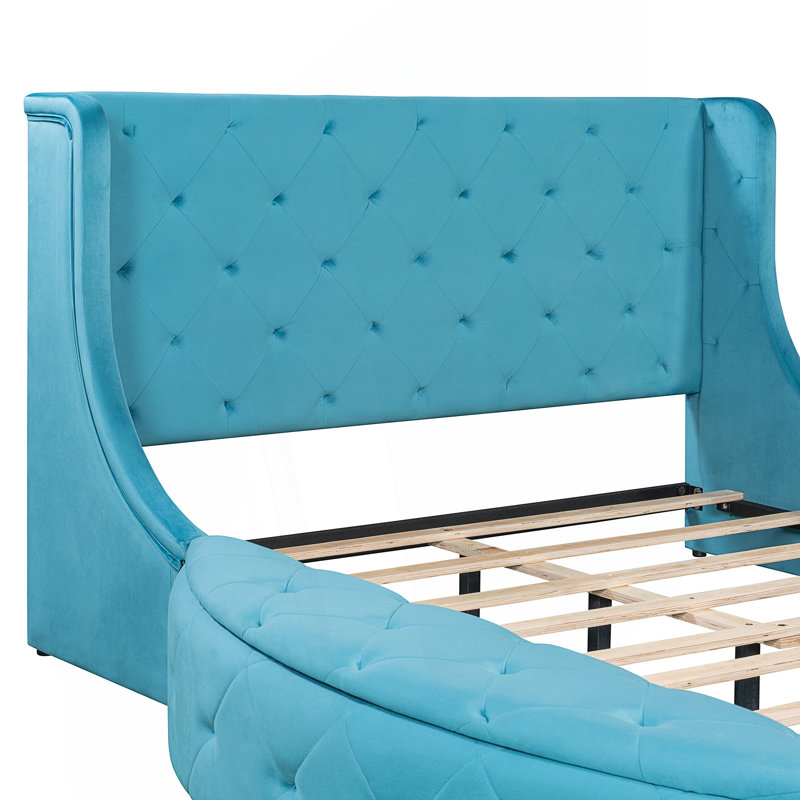 Grand lit plateforme tapissier, lit de rangement avec tête de lit à oreilles, 1 grand tiroir et 2 tabourets de rangement latéraux