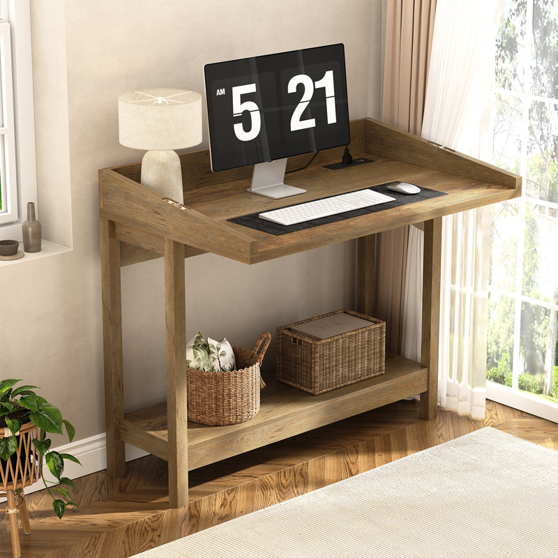 Foldable Accent Console Table with Charging Station, Living Room Wooden Sofa Table with Shelf, Vintage Accent Cabinets for Living Room & Bedroom