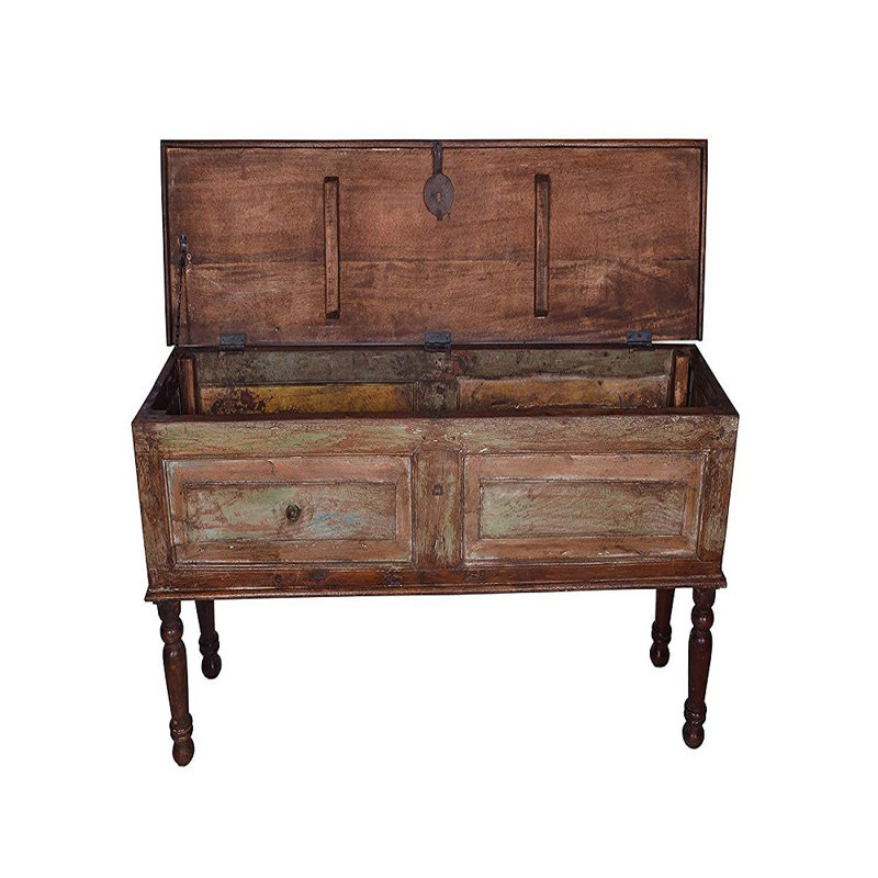 Banc de rangement en bois de manguier massif avec finition vieillie Marianna 