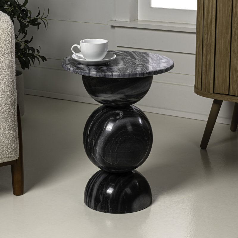 Table de bout ronde sphérique empilée en marbre massif lustré 19 po Aura Modern, table d'appoint à piédestal géométrique, gris foncé / gris clair