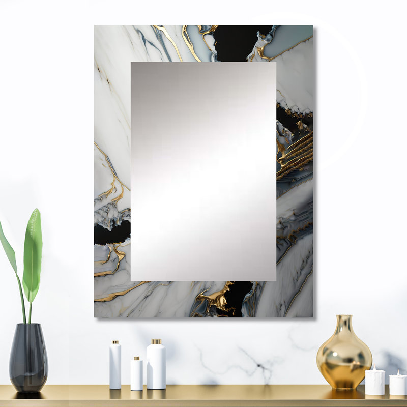Abstrait Geode Gold and White Marble III - Miroir mural décoratif en marbre, miroir blanc, reproduction d'art en métal