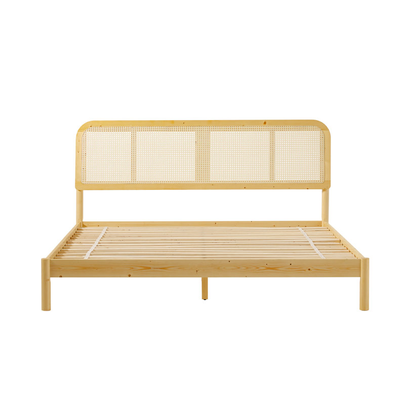 Blomquist Solid Wood Platform Bed with Rattan Inset Headboard, Natural, King