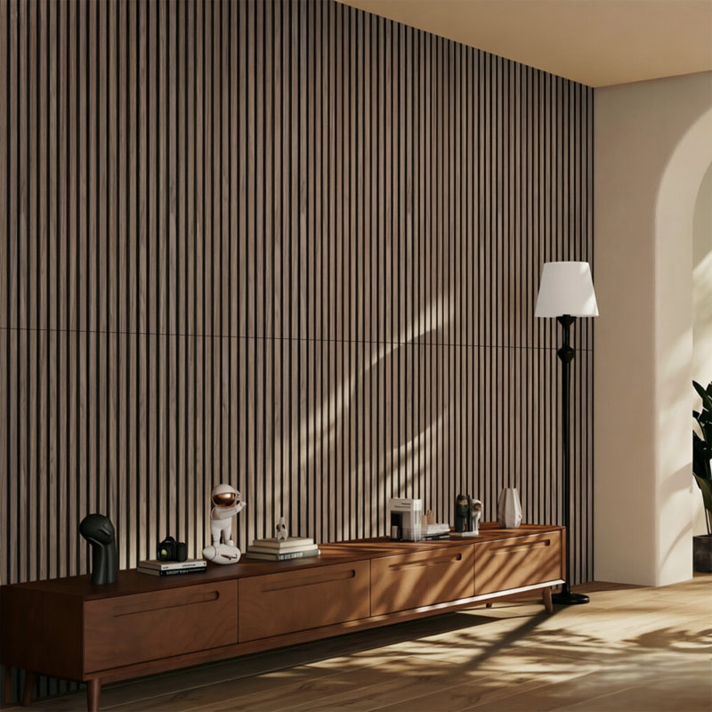 Paquet de 2 panneaux muraux en lattes de bois à grille acoustique, panneaux insonorisants cannelés en placage de bois naturel, panneaux décoratifs à haute densité de réduction du bruit pour le salon, la chambre et la décoration intérieure