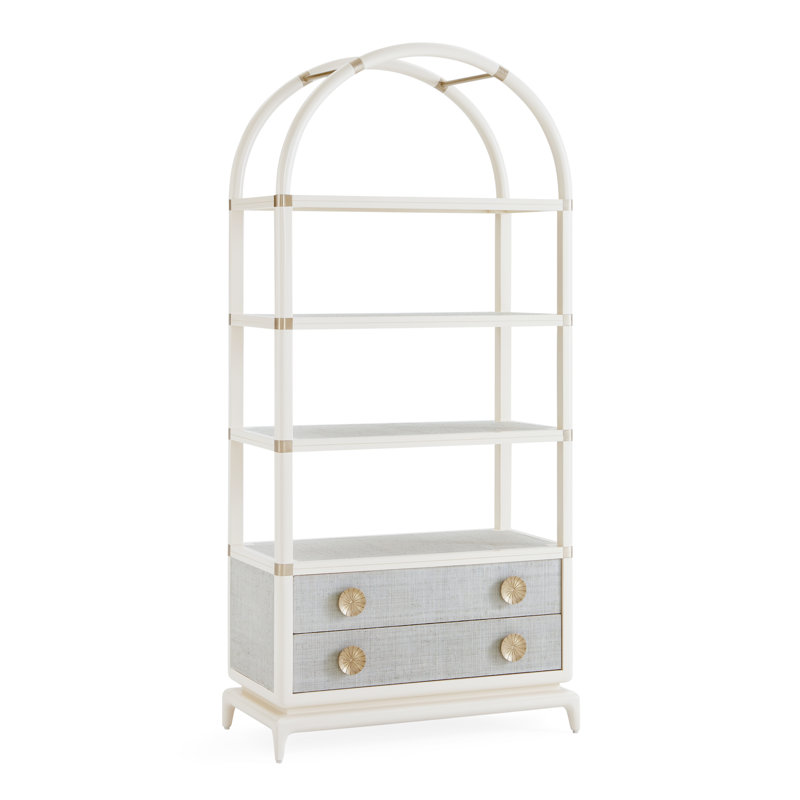 Ivory Mahogany and Brass Arched Bookcase with Drawers