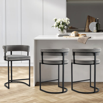 Modern Velvet Bar Stools With Barrel Backrest, Upholstered Seat, And Metal Footrest – 26-inch Seat Height, Ideal For Counters, Home Bars, And Kitchen Islands 