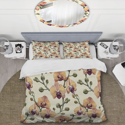 Ensemble de housse de couette fleurs d'orchidées beiges