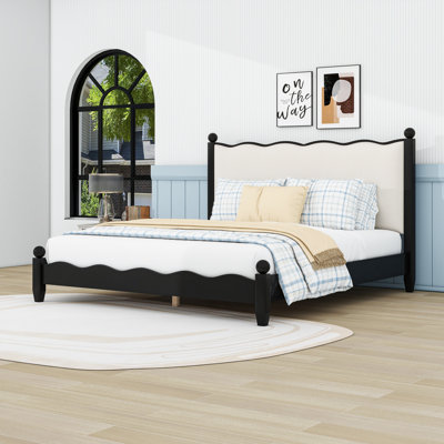 Wooden Platform Bed with Scalloped Upholstered Headboard Design