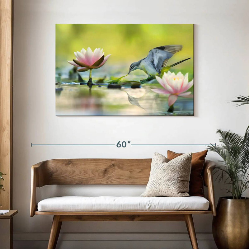 Brampt Lotus And Gray Wagtail Bird, 30" H x 45" W