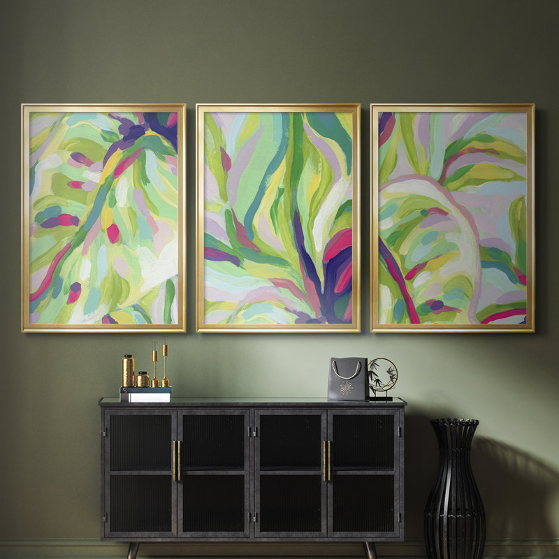 Bright Tropical Abstraction I - Toile tendue avec châssis sur mesure - 3 pièces, H 39 po x l 81 po, Doré