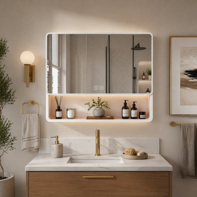 Armoire à pharmacie en aluminium avec miroir à DEL, lumière à intensité variable tricolore avec désembuage à une touche, armoire de rangement murale pré-assemblée avec support à cosmétiques et support pour sèche-cheveux