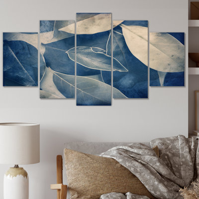  «Vintage Botanical Autumn Leaves Faded Blue I - Abstract Botanicals, art mural sur toile - 5 panneaux