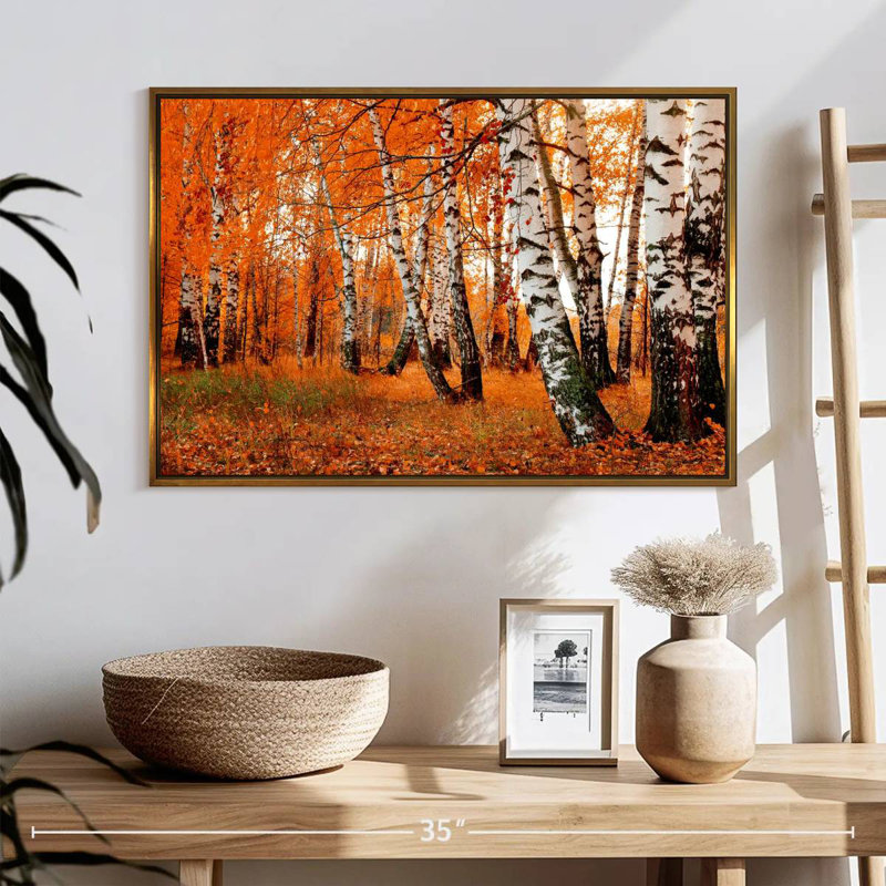 Forêt de bouleaux orange, 25 po x 17 po, Cadre flottant doré