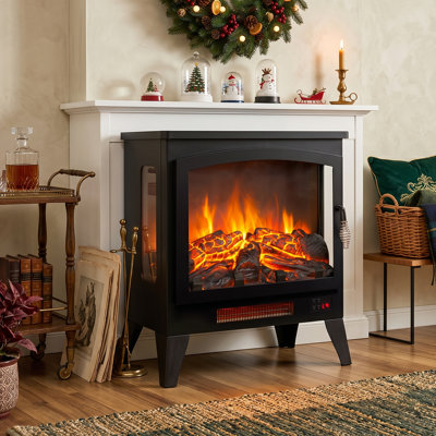 Poêle électrique 21 po avec flamme 3D, radiateur portatif autoportant de 1400 W avec vue à 3 côtés, télécommande et protection contre la surchauffe pour la pièce