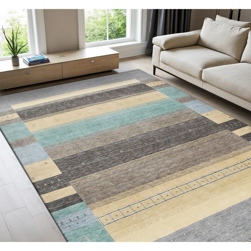 Hand Knotted Wool Striped Area Rug in Silver/Light Blue/Yellow, Rectangle 4' x 6'