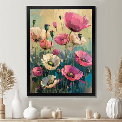 «Pink White Vibrant Symphony Poppies I», reproduction d'art murale coquelicots