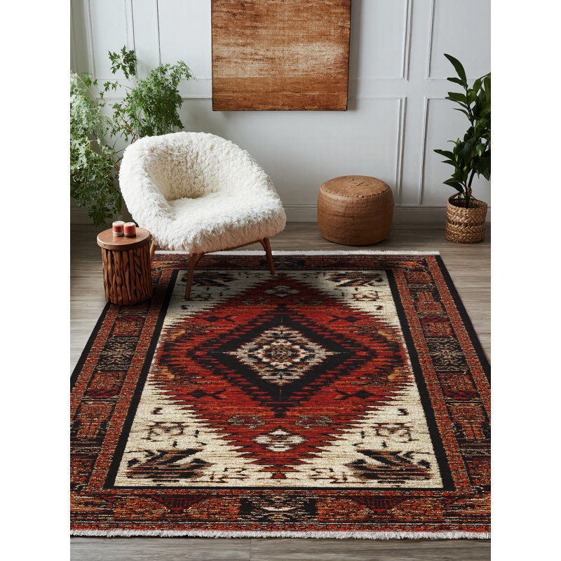 Strawbridge Burgundy Beige Moroccan Machine Printed Cotton Polyester Area Rug, Runner 3'4" x 14'10"