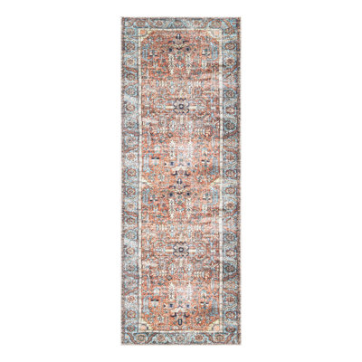 Washable Non-Slip Traditional Area Rug - Orange / Blue Rug for Entryway, Hallway, Bathroom, and Kitchen - Fike