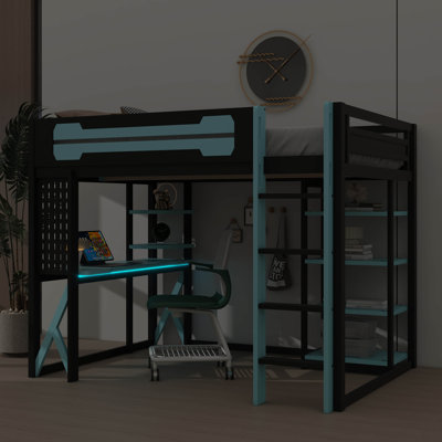 Full-Size Wooden Loft Bed With Desk, Shelves, Power Outlet & USB/Type-C Ports, Plus LED Lighting