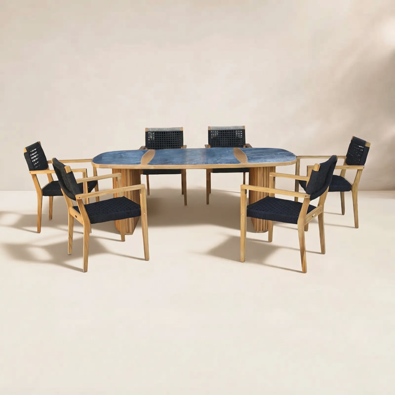 Cava 7 Pc. Teak & Black Rope Oval Dining Set With Orobico Stone Top, Gray