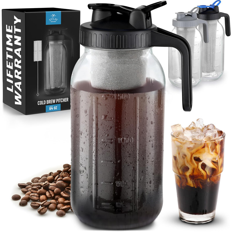 Zulay 32oz Cold Brew Maker - Mason Jar Glass, Leak-Proof Lid, Fine-Mesh Stainless Steel Filter, Gray, 4 Cups