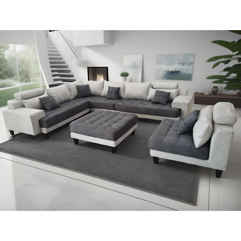 Mandey Upholstered U-Shaped Sectional Reversible, Light Gray/Dark Gray Microfiber/Microsuede