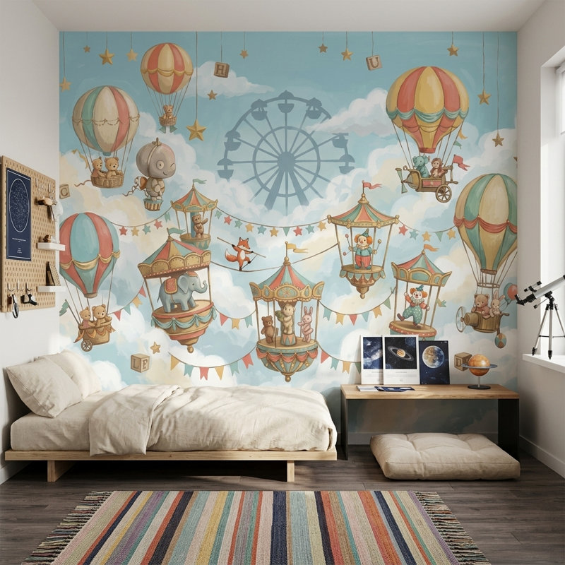 Papier peint fantaisiste avec ballons à air chaud Circus Carnival, 100 po x 96 po, Peler et coller