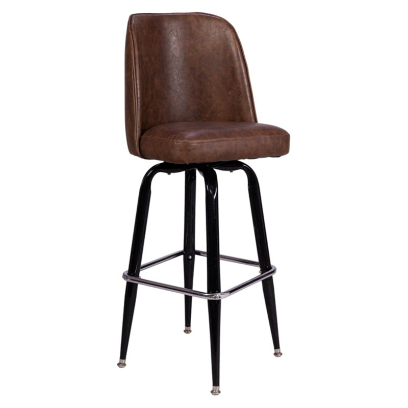 Tabouret de bar pivotant en métal avec siège rembourré brun et structure carrée noire avec repose-pieds chromé pour une utilisation à l'intérieur
