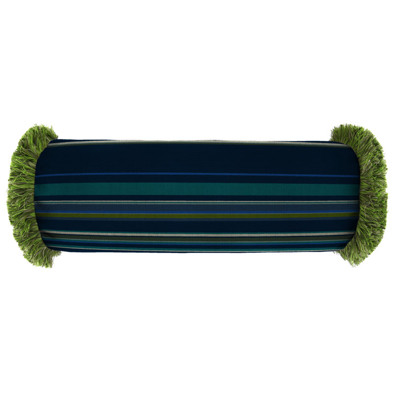 Outdoor Bolster Pillow with Fringe Trim, Stanton Lagoon Green Striped