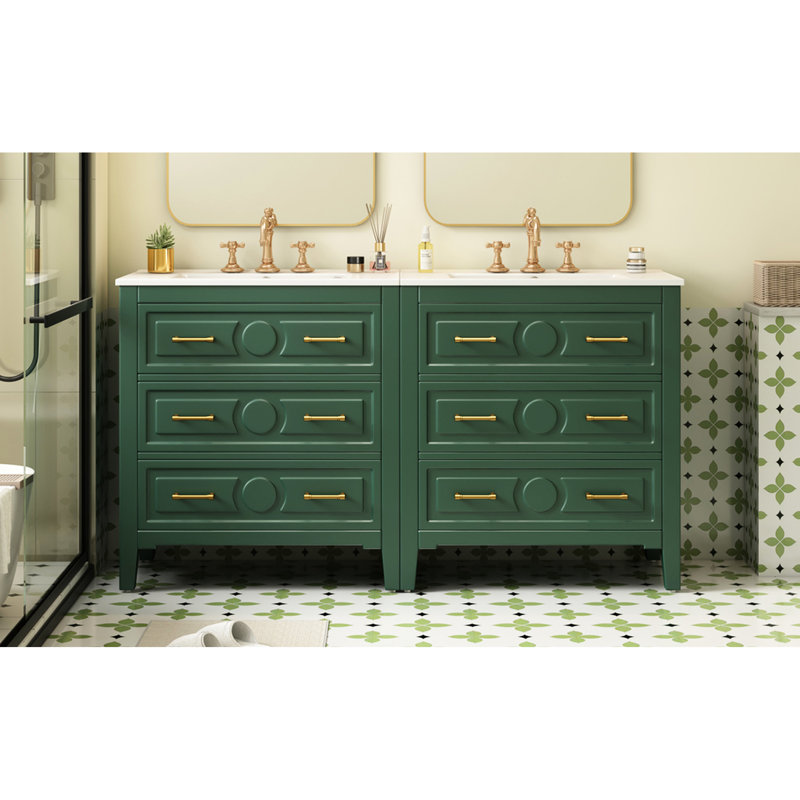 60'' Bathroom Vanity For Ample Storage With Solid Pine Wood, Ceramic Sink Versatile Solution: Adjustable Hinges, Wood Frame, And Basin
