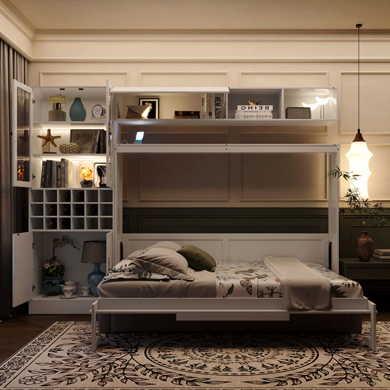 Lit escamotable double pleine grandeur avec canapé, tablettes USB et lumière