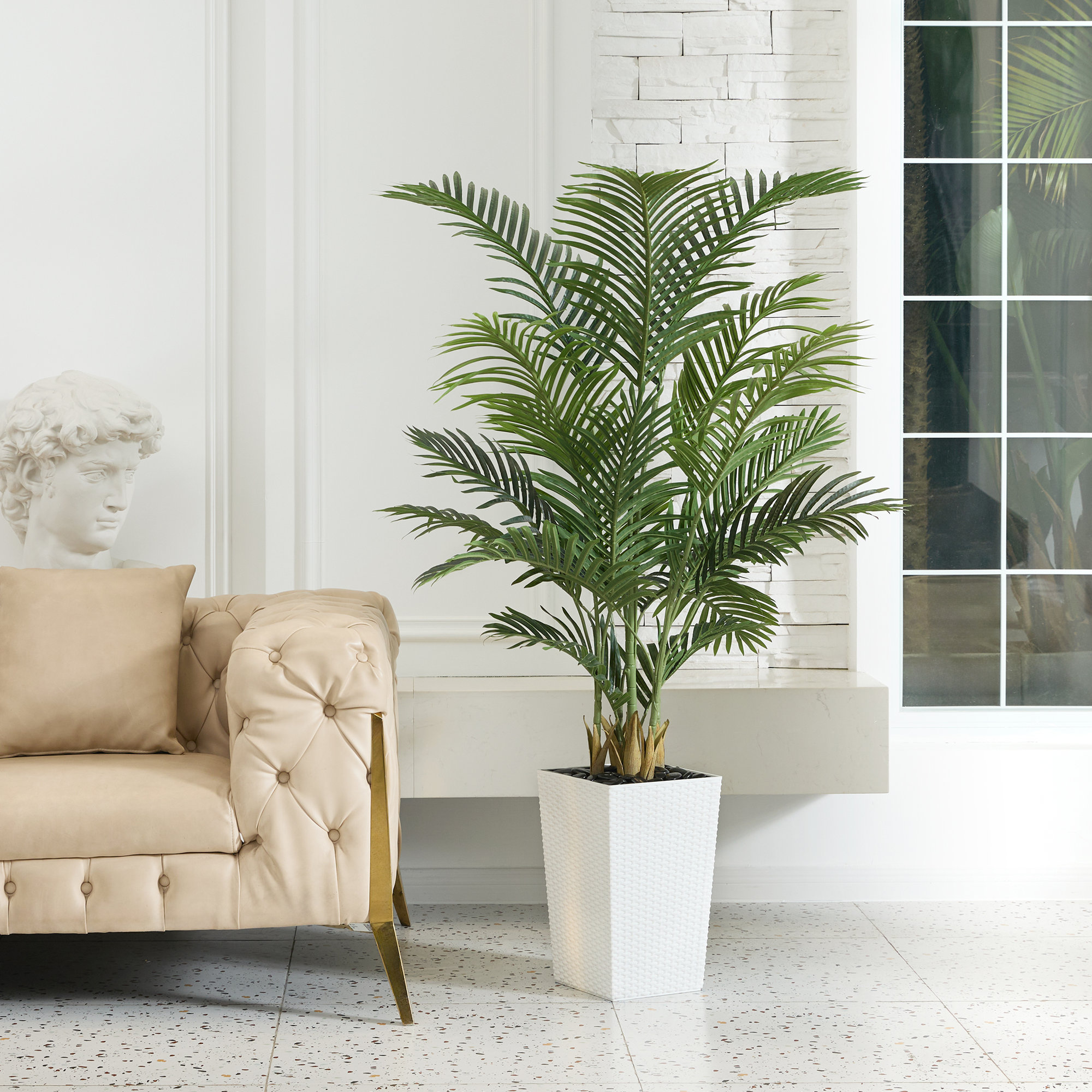 Aliza UV Resistant Artificial Palm Tree, Faux Palm Tree with Decorative Base for Indoor Outdoor, 60" H x 20" W x 20" D, White