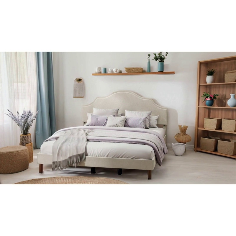 Lit plateforme tapissier avec tête de lit réglable, Beige, Très grand lit