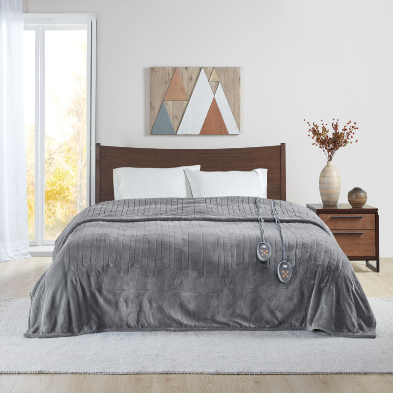 Twin Gray Reversible Fleece Heated Blanket with Controller