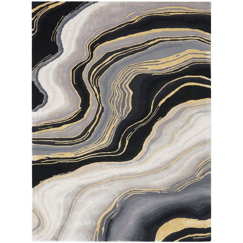 Abstract Handmade Hand Tufted Viscose Area Rug in Beige/Black/Gray, Rectangle 3'9" x 5'9"