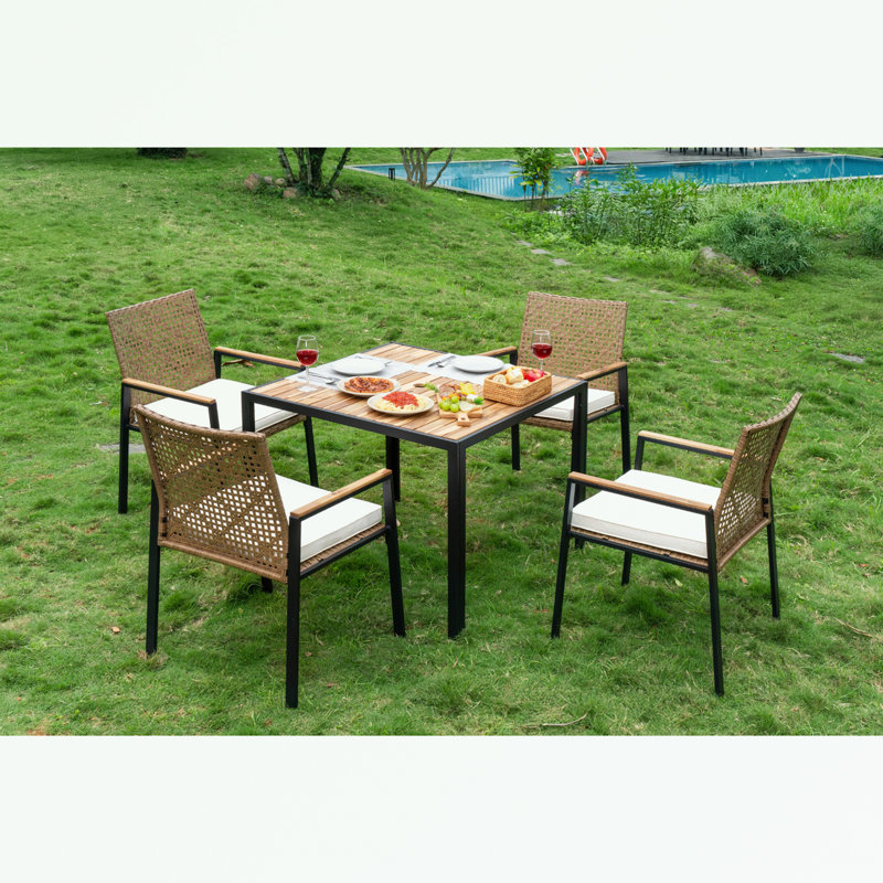 Ensemble de table de salle à manger 5 pièces avec trou pour parasol, Beige/brun