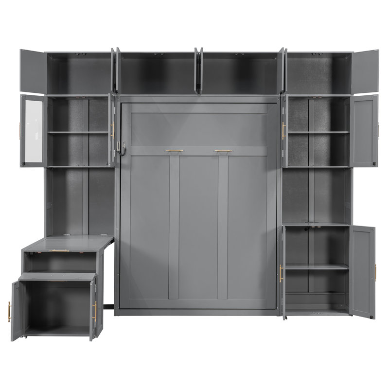 Lit escamotable moderne avec armoires de rangement, lit escamotable avec bureau et huche à porte vitrée, prise USB et prise de courant, tablettes éclairées à DEL