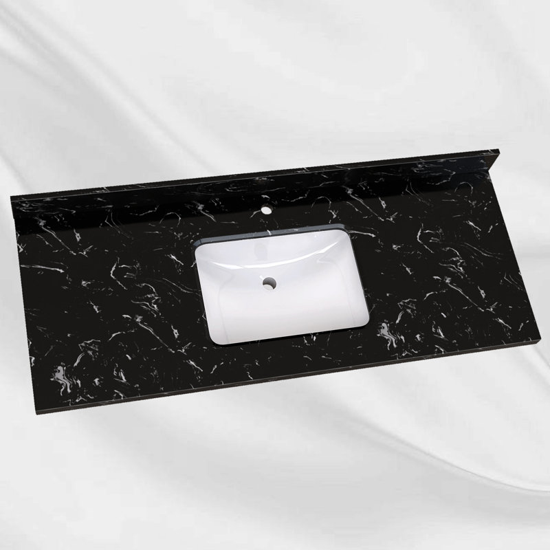 Évier intégré de meuble-lavabo intégré en pierre noire l 48 po x P 22 po avec dosseret de 4 po en marbre noir