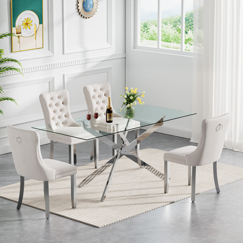 Darlene 60" Glass Dining Table Set Modern Dining Room Table Set  X-Shape Pedestal Glass Table with Dining Chairs, Dining Set for Dining Living Room