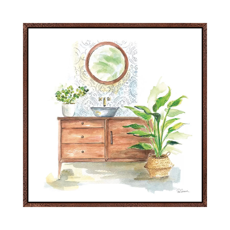 Greenery Bath I by Sue Schlabach - Painting on Canvas, Classic Brown Wood Floater Framed, 66.04cm H x 66.04cm W x 3.81cm D