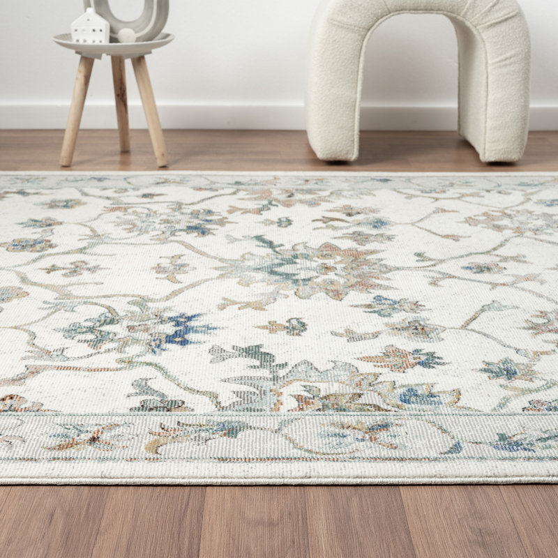 Nekiesha Ivory/Gray Floral Traditional Indoor Performance Area Rug, Rectangle 7'9" x 9'9"